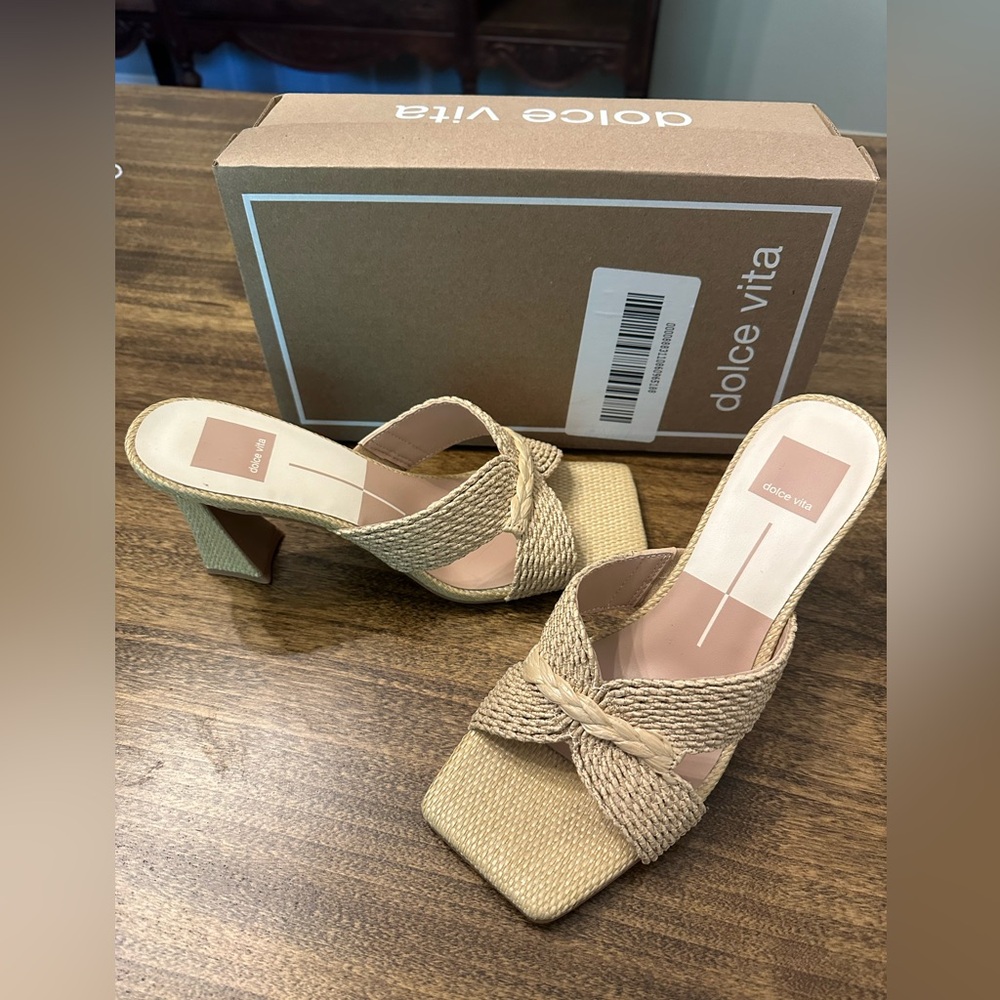 Dolce Vita Tan Heeled Mules with Woven Design